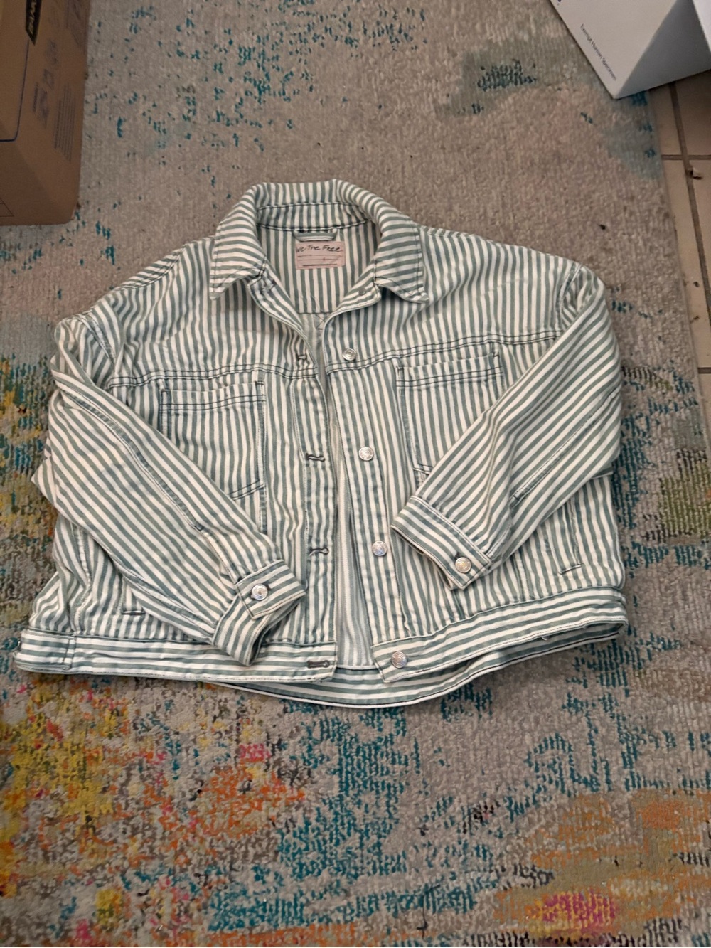 Free People Striped Cotton Jean Jacket in Green and White - Picture 2 of 2